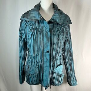 Ubu Women Teal Blue Textured Pleated Jacket M Style 2163 Snap Front